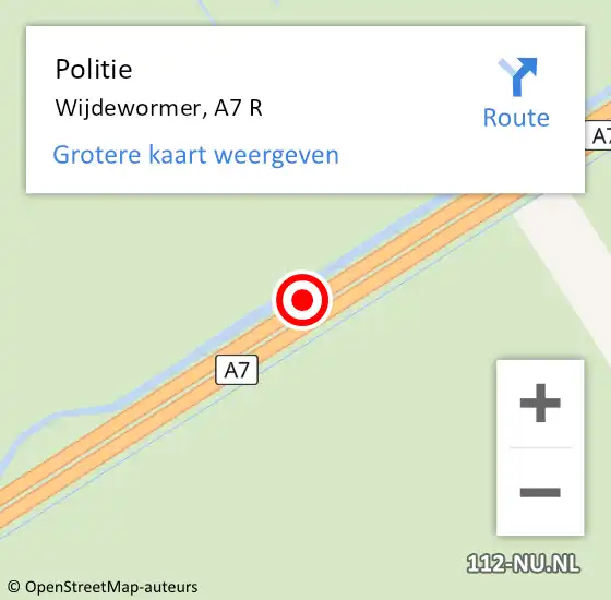 Locatie op kaart van de 112 melding: Politie Wijdewormer, A7 L hectometerpaal: 8,5 op 20 augustus 2015 07:44