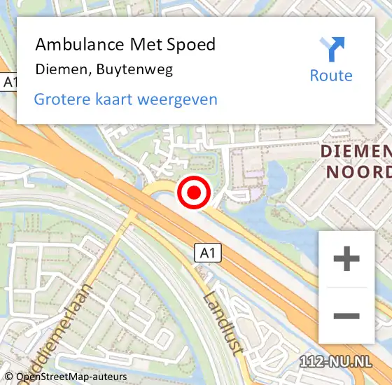 Locatie op kaart van de 112 melding: Ambulance Met Spoed Naar Diemen, Buytenweg op 20 augustus 2015 09:33