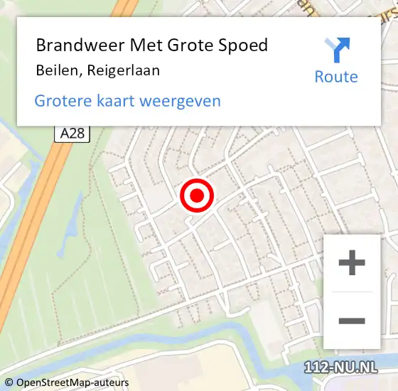 Locatie op kaart van de 112 melding: Brandweer Met Grote Spoed Naar Beilen, Reigerlaan op 20 augustus 2015 11:37