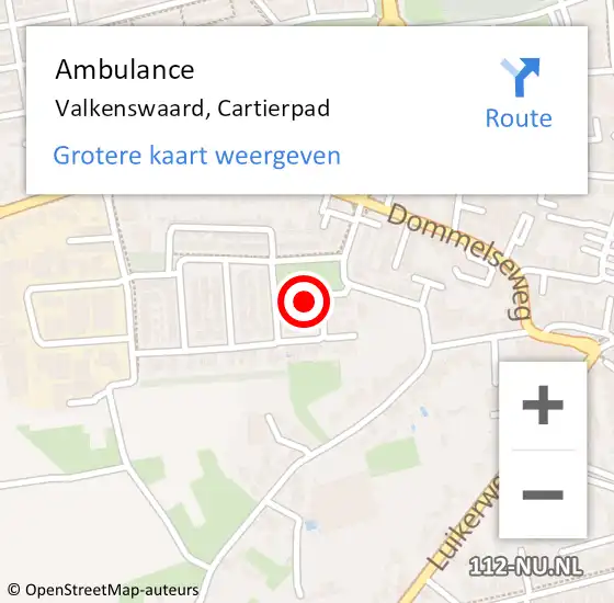 Locatie op kaart van de 112 melding: Ambulance Valkenswaard, Cartierpad op 20 augustus 2015 12:36