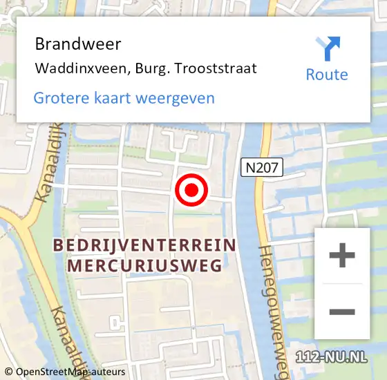 Locatie op kaart van de 112 melding: Brandweer Waddinxveen, Burg. Trooststraat op 20 augustus 2015 13:23