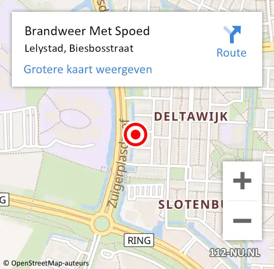 Locatie op kaart van de 112 melding: Brandweer Met Spoed Naar Lelystad, Biesbosstraat op 21 augustus 2015 16:03