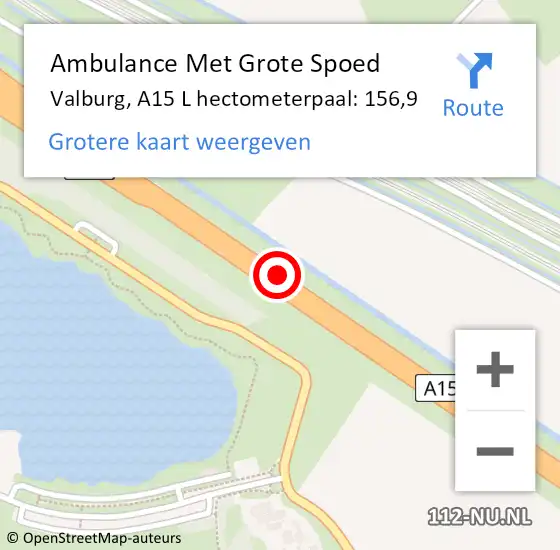 Locatie op kaart van de 112 melding: Ambulance Met Grote Spoed Naar Valburg, A15 L hectometerpaal: 156,9 op 21 augustus 2015 17:00