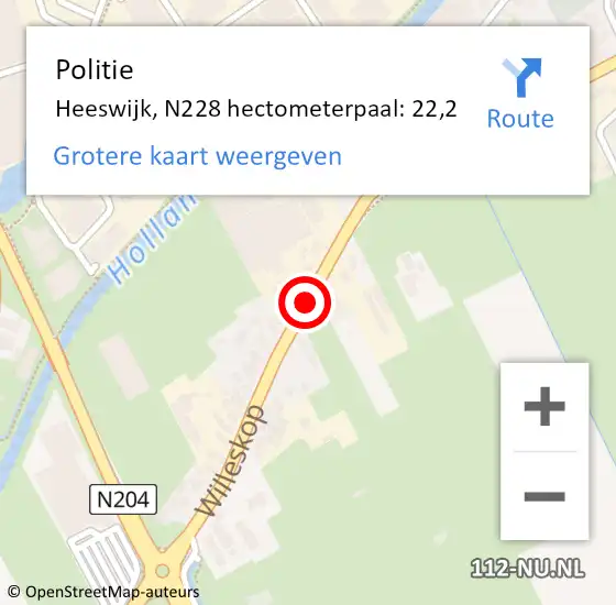 Locatie op kaart van de 112 melding: Politie Heeswijk, N228 hectometerpaal: 22,2 op 22 augustus 2015 10:34