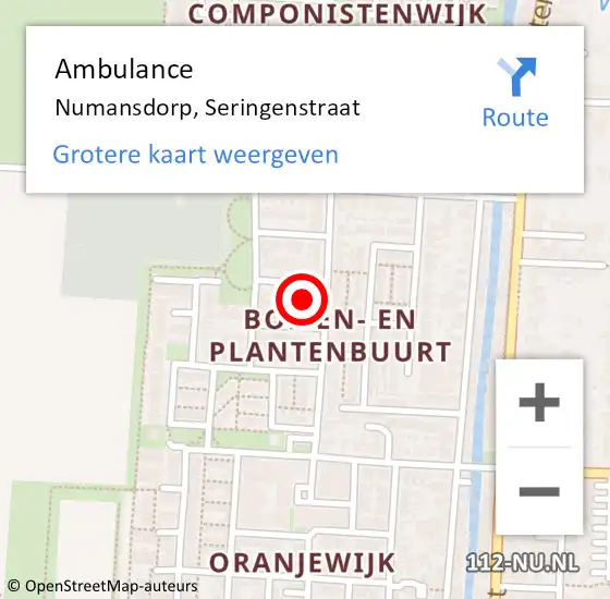 Locatie op kaart van de 112 melding: Ambulance Numansdorp, Seringenstraat op 25 augustus 2015 09:09