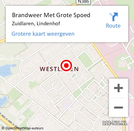 Locatie op kaart van de 112 melding: Brandweer Met Grote Spoed Naar Zuidlaren, Lindenhof op 25 augustus 2015 12:02