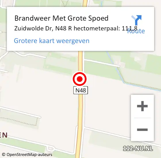 Locatie op kaart van de 112 melding: Brandweer Met Grote Spoed Naar Zuidwolde Dr, N48 hectometerpaal: 109,2 op 26 augustus 2015 16:16