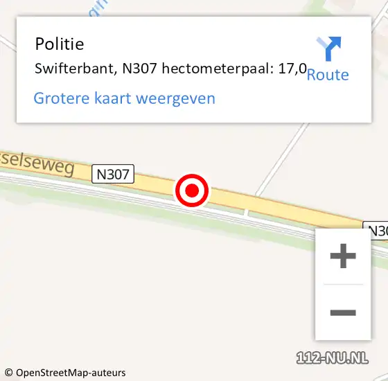 Locatie op kaart van de 112 melding: Politie Swifterbant, N307 hectometerpaal: 17,0 op 18 november 2013 17:37