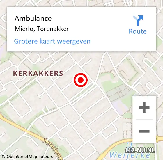 Locatie op kaart van de 112 melding: Ambulance Mierlo, Torenakker op 27 augustus 2015 21:20