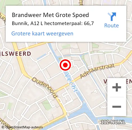 Locatie op kaart van de 112 melding: Brandweer Met Grote Spoed Naar Bunnik, A12 L hectometerpaal: 66,7 op 27 augustus 2015 21:29