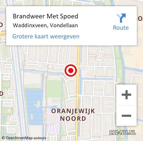 Locatie op kaart van de 112 melding: Brandweer Met Spoed Naar Waddinxveen, Vondellaan op 27 augustus 2015 22:20