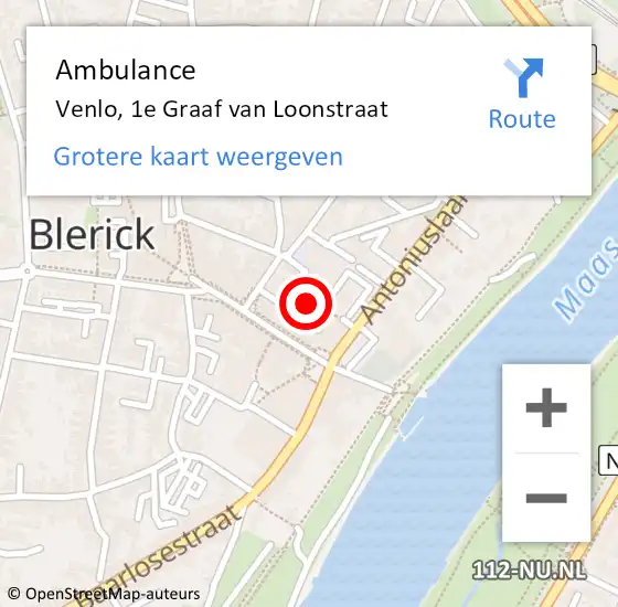 Locatie op kaart van de 112 melding: Ambulance Venlo, 1e Graaf van Loonstraat op 28 augustus 2015 19:10