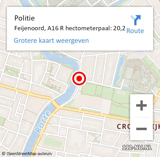 Locatie op kaart van de 112 melding: Politie Feijenoord, A16 R hectometerpaal: 20,2 op 28 augustus 2015 19:40