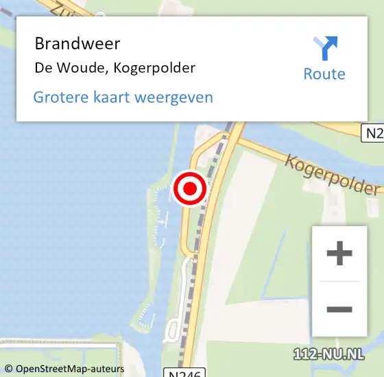 Locatie op kaart van de 112 melding: Brandweer De Woude, Kogerpolder op 29 augustus 2015 01:47