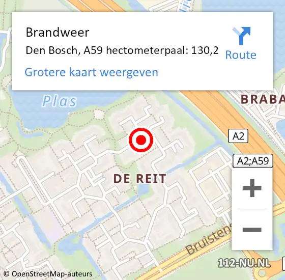 Locatie op kaart van de 112 melding: Brandweer Den Bosch, A59 hectometerpaal: 130,2 op 30 augustus 2015 22:59