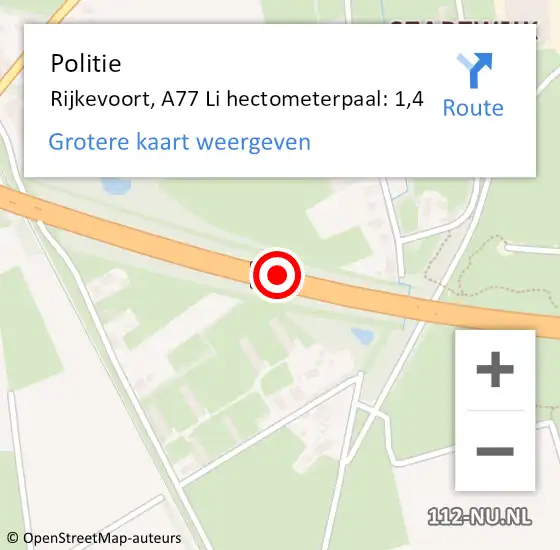 Locatie op kaart van de 112 melding: Politie Rijkevoort, A77 Li hectometerpaal: 1,4 op 31 augustus 2015 11:24