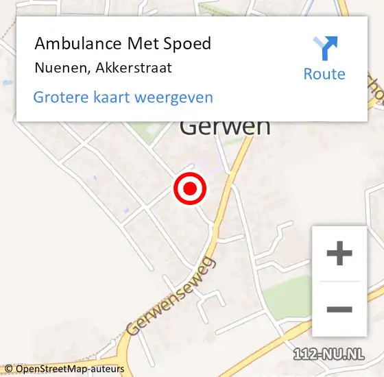 Locatie op kaart van de 112 melding: Ambulance Met Spoed Naar Nuenen, Akkerstraat op 1 september 2015 11:20