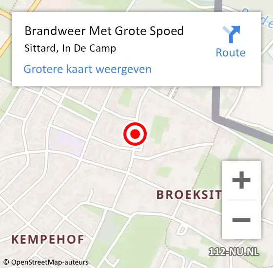 Locatie op kaart van de 112 melding: Brandweer Met Grote Spoed Naar Sittard, In De Camp op 2 september 2015 01:35