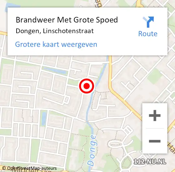 Locatie op kaart van de 112 melding: Brandweer Met Grote Spoed Naar Dongen, Linschotenstraat op 2 september 2015 04:23