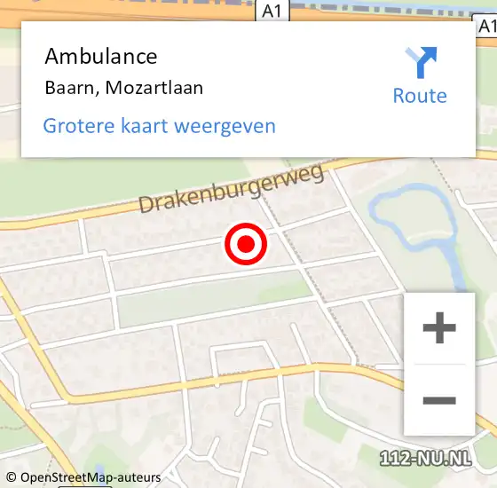 Locatie op kaart van de 112 melding: Ambulance Baarn, Mozartlaan op 2 september 2015 05:22