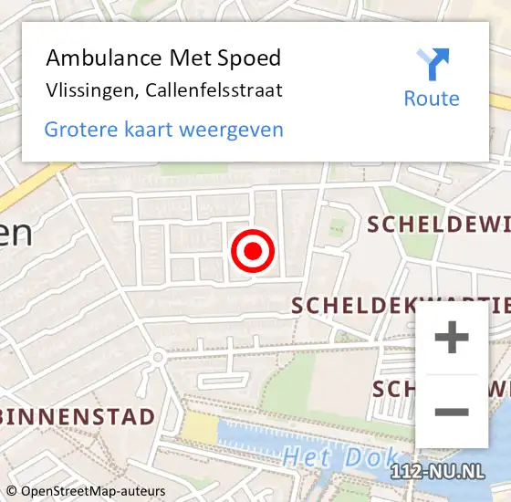 Locatie op kaart van de 112 melding: Ambulance Met Spoed Naar Vlissingen, Callenfelsstraat op 2 september 2015 16:19