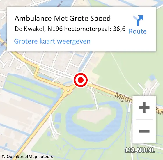 Locatie op kaart van de 112 melding: Ambulance Met Grote Spoed Naar De Kwakel, N196 hectometerpaal: 36,3 op 2 september 2015 18:28