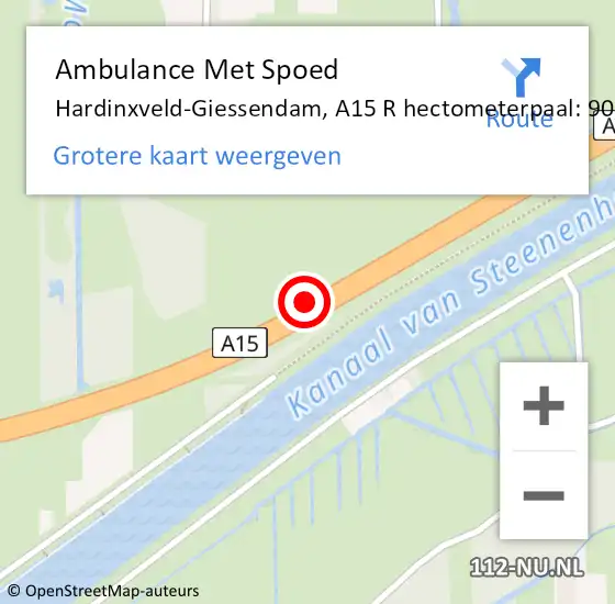 Locatie op kaart van de 112 melding: Ambulance Met Spoed Naar Hardinxveld-Giessendam, A15 L op 2 september 2015 21:14