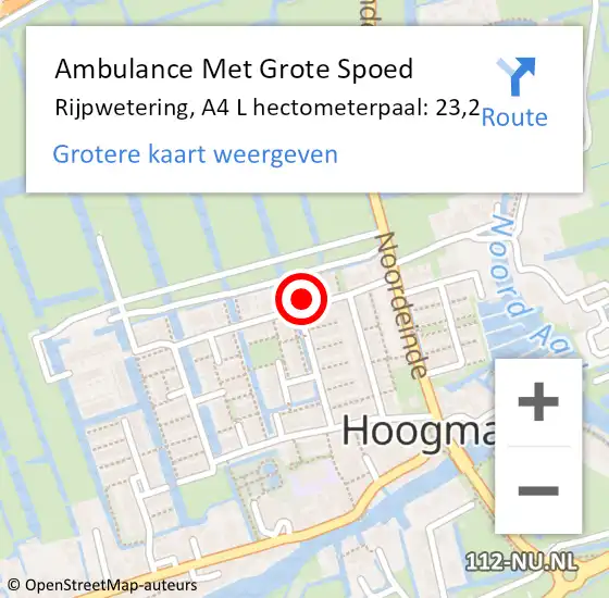 Locatie op kaart van de 112 melding: Ambulance Met Grote Spoed Naar Rijpwetering, A4 L hectometerpaal: 23,2 op 3 september 2015 10:56