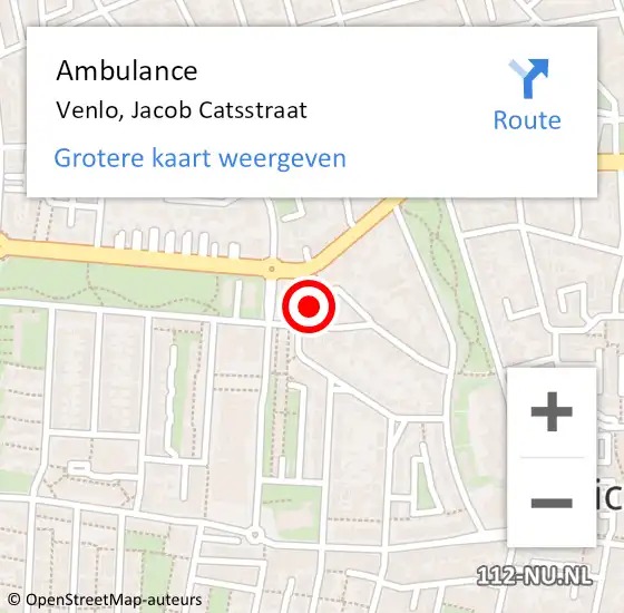 Locatie op kaart van de 112 melding: Ambulance Venlo, Jacob Catsstraat op 3 september 2015 20:08