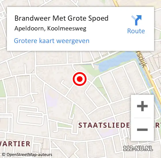 Locatie op kaart van de 112 melding: Brandweer Met Grote Spoed Naar Apeldoorn, Koolmeesweg op 4 september 2015 00:50
