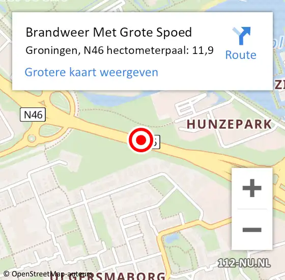Locatie op kaart van de 112 melding: Brandweer Met Grote Spoed Naar Groningen, N46 hectometerpaal: 11,9 op 4 september 2015 13:38
