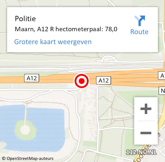 Locatie op kaart van de 112 melding: Politie Maarn, A12 R hectometerpaal: 78,0 op 5 september 2015 07:44