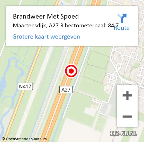 Locatie op kaart van de 112 melding: Brandweer Met Spoed Naar Maartensdijk, A27 R hectometerpaal: 84,7 op 5 september 2015 09:09