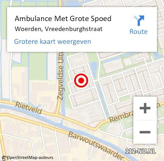 Locatie op kaart van de 112 melding: Ambulance Met Grote Spoed Naar Woerden, Vreedenburghstraat op 5 september 2015 17:54