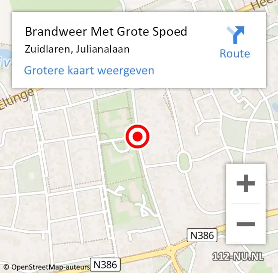Locatie op kaart van de 112 melding: Brandweer Met Grote Spoed Naar Zuidlaren, Julianalaan op 6 september 2015 02:16