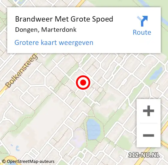 Locatie op kaart van de 112 melding: Brandweer Met Grote Spoed Naar Dongen, Marterdonk op 6 september 2015 04:21