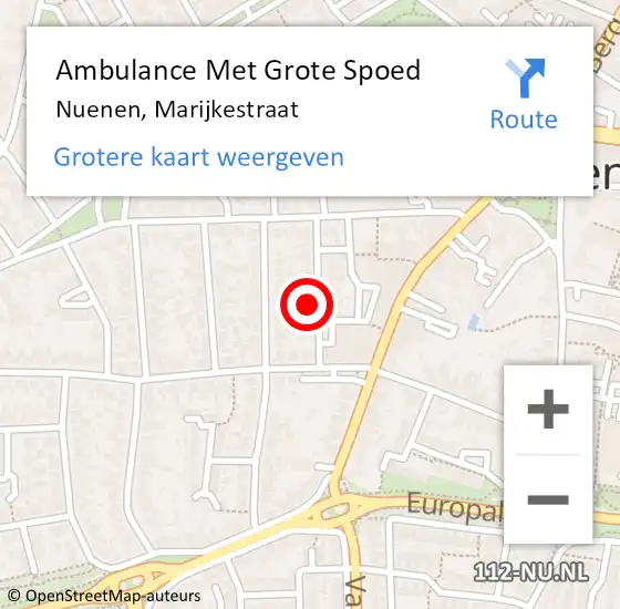 Locatie op kaart van de 112 melding: Ambulance Met Grote Spoed Naar Nuenen, Marijkestraat op 7 september 2015 03:12