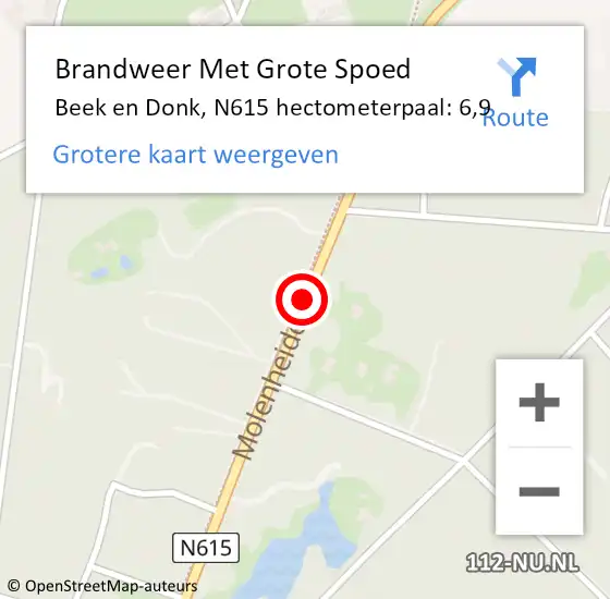 Locatie op kaart van de 112 melding: Brandweer Met Grote Spoed Naar Beek en Donk, N615 hectometerpaal: 6,9 op 7 september 2015 08:39