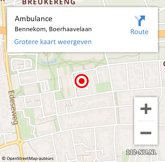 Locatie op kaart van de 112 melding: Ambulance Bennekom, Boerhaavelaan op 7 september 2015 12:31