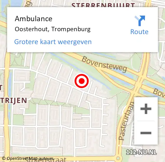 Locatie op kaart van de 112 melding: Ambulance Oosterhout, Trompenburg op 7 september 2015 13:16