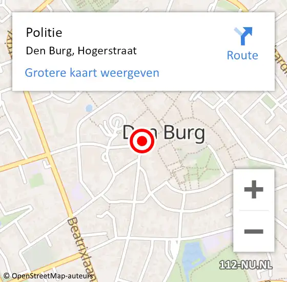 Locatie op kaart van de 112 melding: Politie Den Burg, Hogerstraat op 7 september 2015 13:58