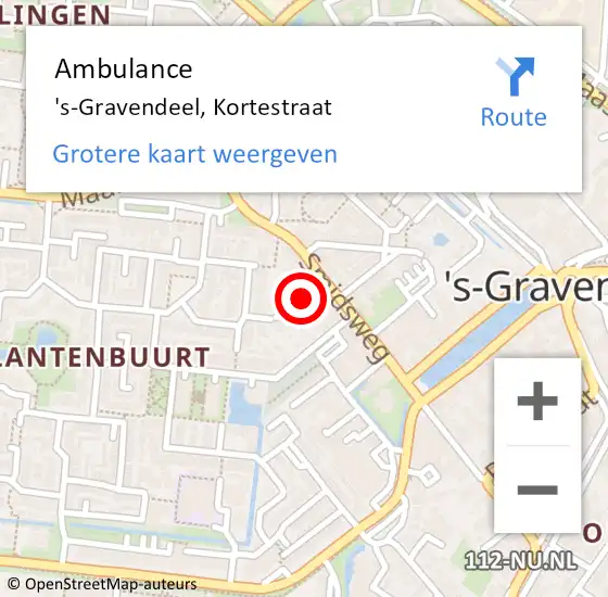 Locatie op kaart van de 112 melding: Ambulance 's-Gravendeel, Kortestraat op 7 september 2015 14:37