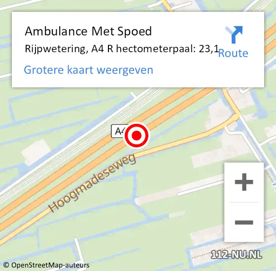 Locatie op kaart van de 112 melding: Ambulance Met Spoed Naar Rijpwetering, A4 R hectometerpaal: 23,1 op 7 september 2015 18:27