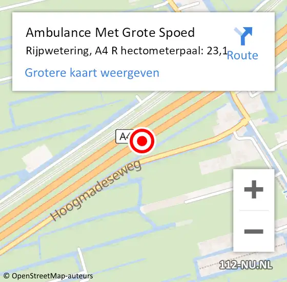 Locatie op kaart van de 112 melding: Ambulance Met Grote Spoed Naar Rijpwetering, A4 R hectometerpaal: 23,1 op 7 september 2015 18:32