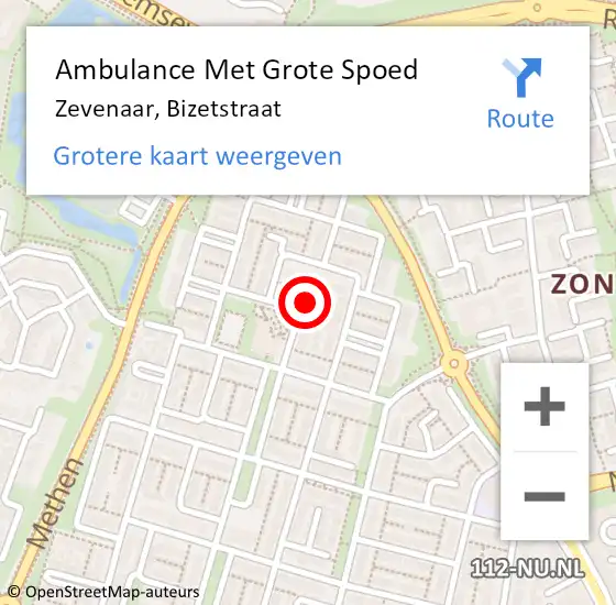 Locatie op kaart van de 112 melding: Ambulance Met Grote Spoed Naar Zevenaar, Bizetstraat op 8 september 2015 16:56