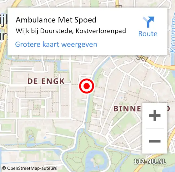 Locatie op kaart van de 112 melding: Ambulance Met Spoed Naar Wijk bij Duurstede, Kostverlorenpad op 9 september 2015 02:18