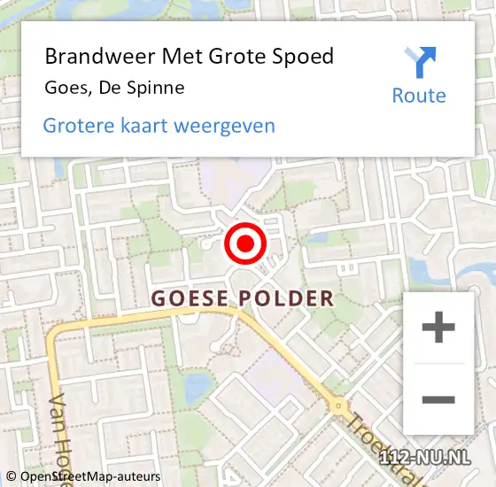 Locatie op kaart van de 112 melding: Brandweer Met Grote Spoed Naar Goes, De Spinne op 9 september 2015 19:28