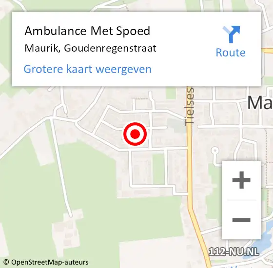 Locatie op kaart van de 112 melding: Ambulance Met Spoed Naar Maurik, Goudenregenstraat op 10 september 2015 21:15