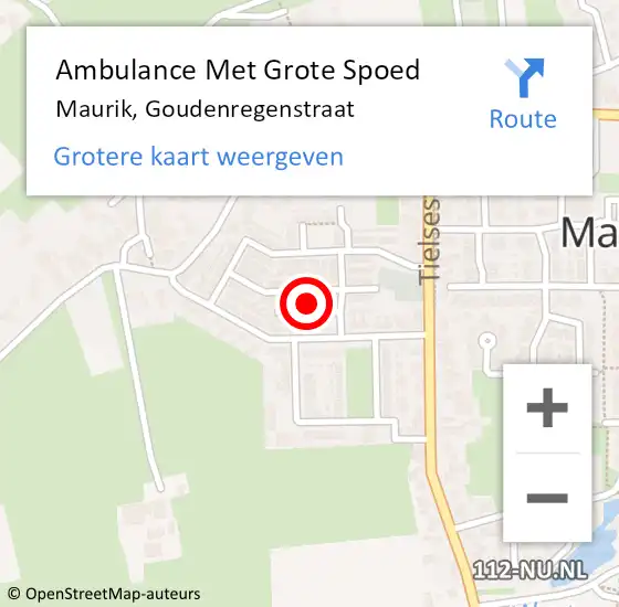 Locatie op kaart van de 112 melding: Ambulance Met Grote Spoed Naar Maurik, Goudenregenstraat op 10 september 2015 21:18