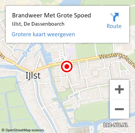 Locatie op kaart van de 112 melding: Brandweer Met Grote Spoed Naar IJlst, De Dassenboarch op 11 september 2015 07:44